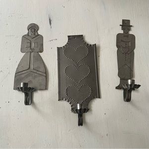 Tin Vintage Pierced Candleholders Set of 3 Hearts People Farmers Primitive